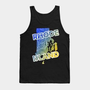 Colorful mandala art map of Rhode Island with text in blue and yellow Tank Top